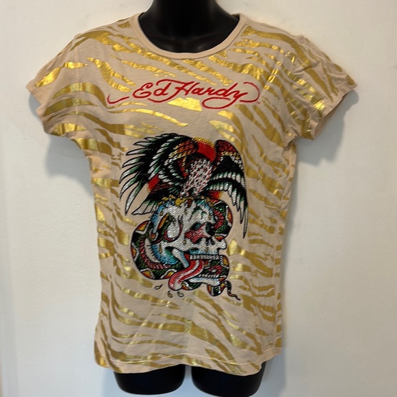 Ed Hardy Tops - Deadstock Gold Foil Animal Print Tee Rhinestone Embellished Des…
